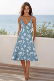 Blue White Flower A Line V-Neck Midi Boho Dress