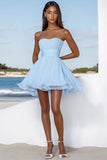 Sky Blue A Line Strapless Chiffon Pleated Short Graduation Dress