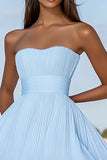 Sky Blue A Line Strapless Chiffon Pleated Short Graduation Dress