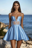 Blue A Line Satin Short Graduation Dress with Lace Appliques