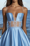 Blue A Line Satin Short Graduation Dress with Lace Appliques
