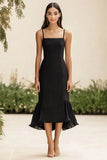 Chiffon Sheath Black Midi Formal Dress