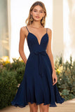 A Line Navy Chiffon V Neck Summer Dress