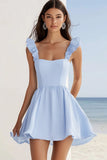 Sky Blue A Line Ruffled Chiffon Graduation Dress