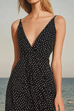Black White Dots A Line V Neck Chiffon Summer Dress