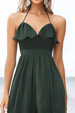 Chiffon Dark Green Halter A Line Midi Summer Dress