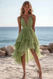 Ruffled A Line V Neck Chiffon Green Summer Dress