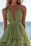 Ruffled A Line V Neck Chiffon Green Summer Dress