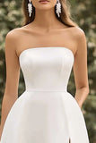 Strapless A Line White Graduation Dress with Slit