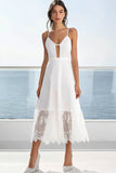 White Keyhole Spaghetti Straps Graduation Dress with Lace