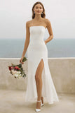 Strapless White Sheath Wedding Dress with Slit