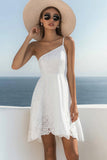 One Shoulder White A Line Lace Graduation Dress