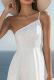 One Shoulder White A Line Lace Graduation Dress
