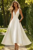 White A Line V Neck Satin Wedding Dress
