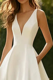 White A Line V Neck Satin Wedding Dress