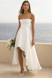 Strapless Ruffled White Asymmetrical Wedding Dress