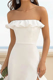 White Sheath Ruffled Strapless Graduation Dress with Slit