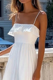 White Ruffled Spaghetti Straps A Line Long Holiday Party Dress