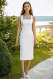 White Sheath Square Neck Satin Midi Graduation Dress