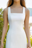 White Sheath Square Neck Satin Midi Graduation Dress