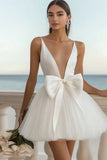 Cute White V Neck Satin Tulle Graduation Dress with Bow