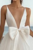 Cute White V Neck Satin Tulle Graduation Dress with Bow