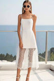 White A Line Spaghetti Straps Graduation Dress with Lace