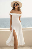 Strapless White Ruffled Midi Graduation Dress with Slit