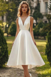 A Line V Neck White Satin Midi Graduation Dress