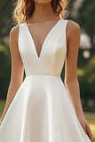 A Line V Neck White Satin Midi Graduation Dress