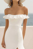Off The Shoulder White Chiffon Ruffled Holiday Dress