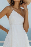 A Line One Shoulder Lace White Graduation Dress