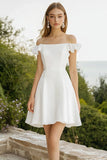 Off The Shoulder White Satin Ruffled Graduation Dress