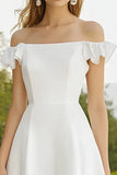 Off The Shoulder White Satin Ruffled Graduation Dress
