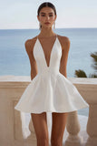 V Neck A Line White Sleeveless Graduation Dress
