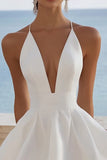 V Neck A Line White Sleeveless Graduation Dress