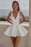 A Line White V Neck Sleeveless Graduation Dress