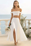Off The Shoulder White 2 Piece Ruffled Wedding Dress with Slit
