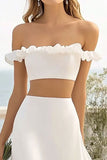 Off The Shoulder White 2 Piece Ruffled Wedding Dress with Slit