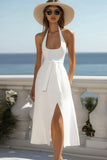 A Line White Halter Graduation Dress with Slit
