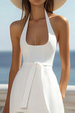 A Line White Halter Graduation Dress with Slit