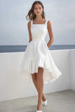 A Line White Square Neck Graduation Dress with Ruffles