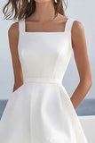 A Line White Square Neck Graduation Dress with Ruffles