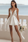 A Line White V Neck Satin Graduation Dress