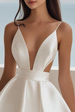 A Line White V Neck Satin Graduation Dress