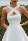 A Line White Criss Cross Straps Satin Graduation Dress