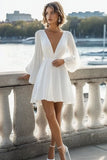 A Line White Long Sleeves Chiffon Graduation Dress