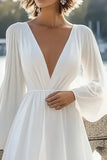 A Line White Long Sleeves Chiffon Graduation Dress