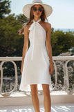 A Line White Halter Satin Graduation Dress