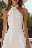 A Line White Halter Satin Graduation Dress
